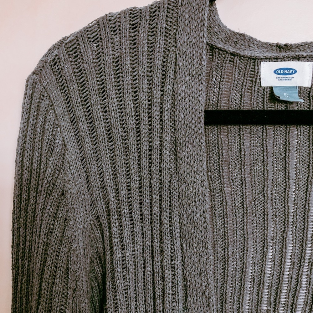 Open knit gray cardigan with flared sleeves